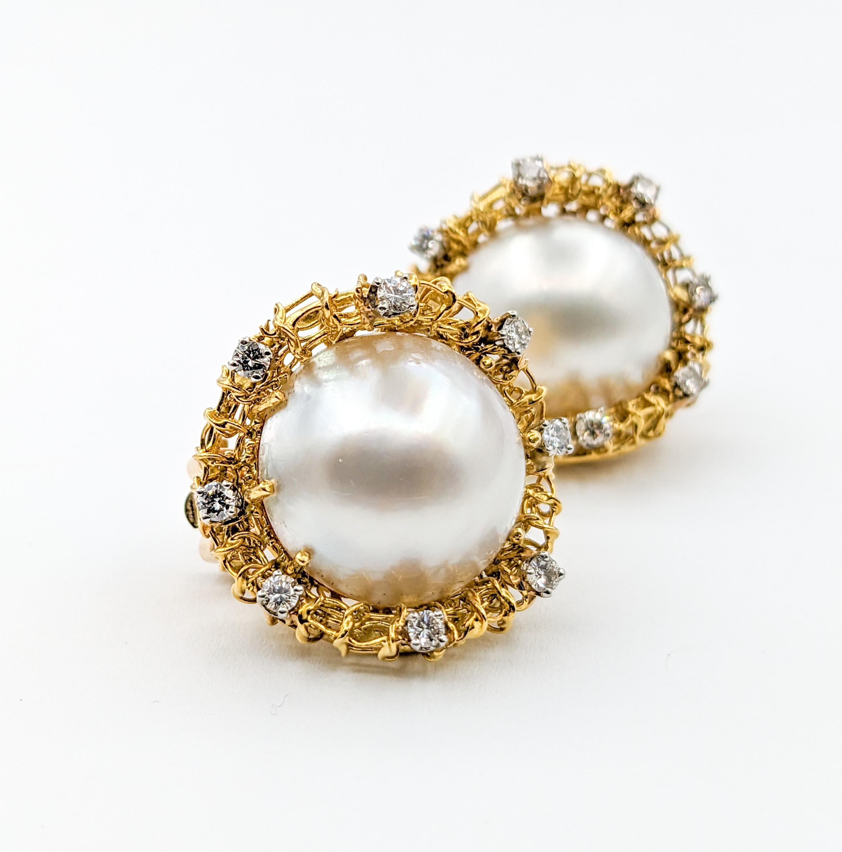 Women's Sculptural Pearl & Diamond Clip On Earrings in Gold For Sale