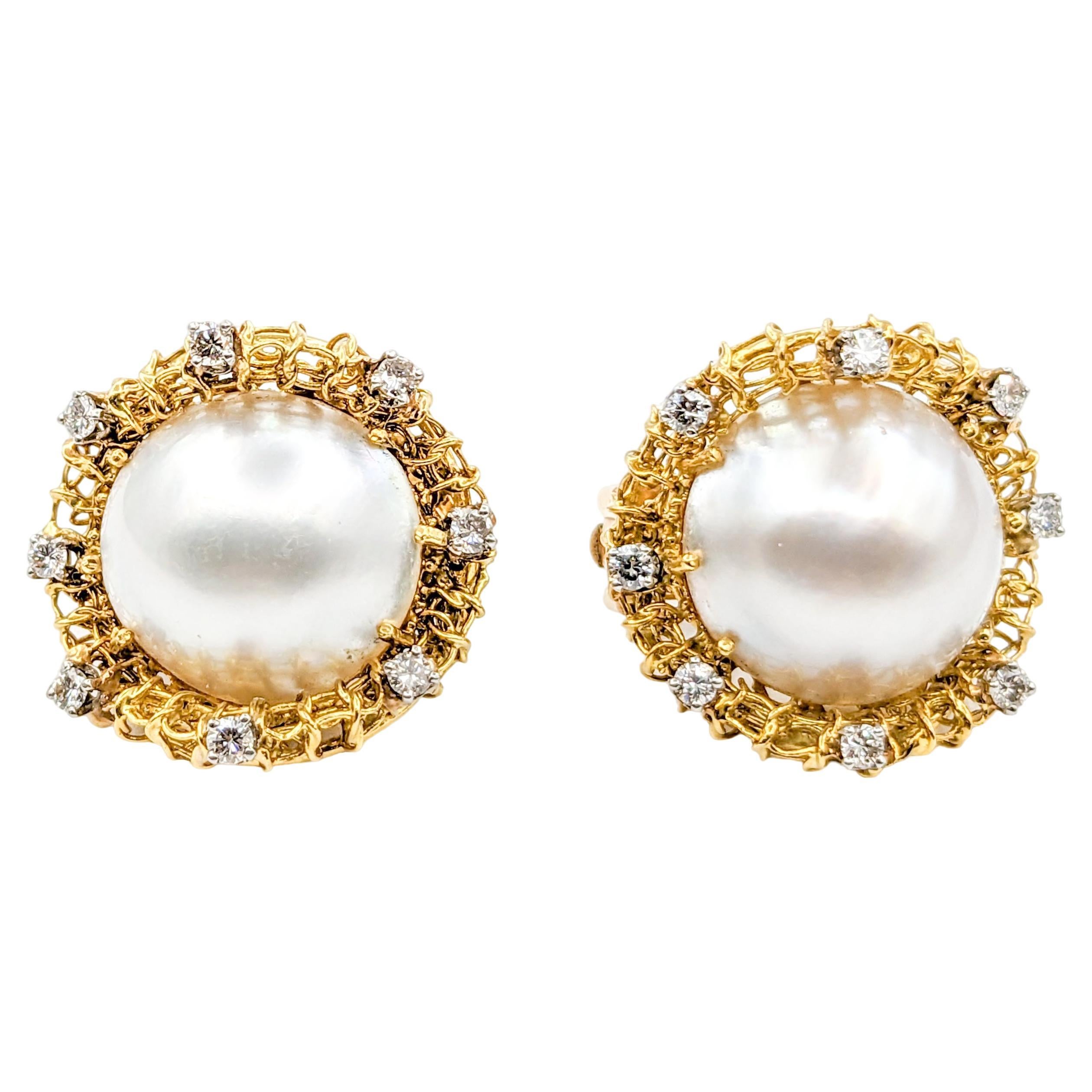 Sculptural Pearl & Diamond Clip On Earrings in Gold For Sale