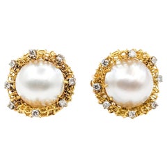 Retro Sculptural Pearl & Diamond Clip On Earrings in Gold