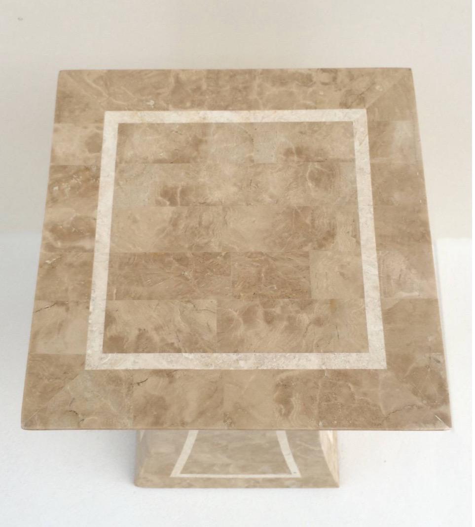 1980’s polished tessellated fossil stone and travertine pedestal by Maitland-Smith.

In beautiful original vintage condition. 
Constructed of wood with tessellated fossil stone and travertine. 