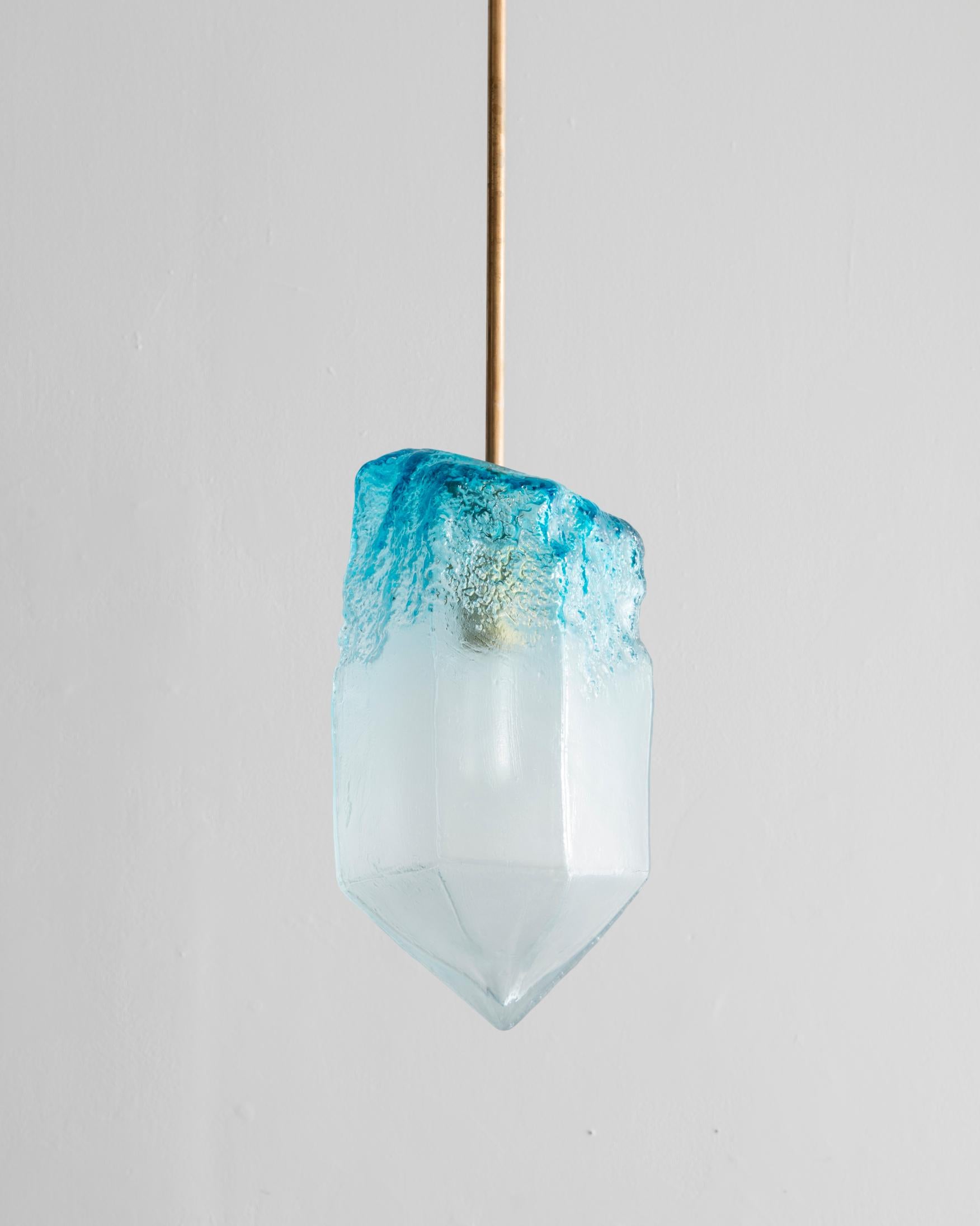 Illuminated hand blown blue glass Crystal pendant with custom nickel-plated hardware. Designed and made by Jeff Zimmerman, USA, 2016.
   