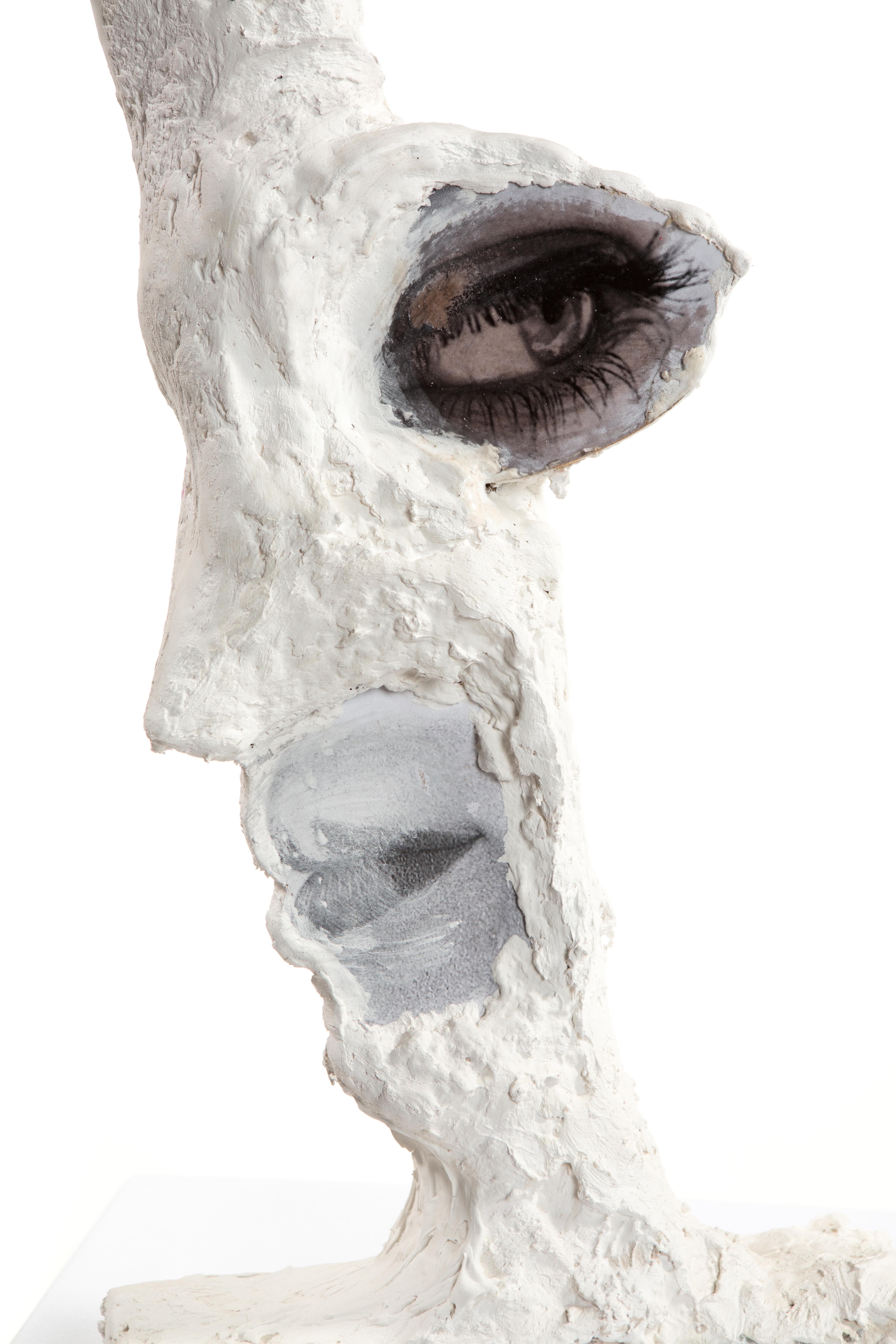 This is a new work by Mattia Biagi
Sculptural plaster figure, plaster+ paper, and image collage on wood.