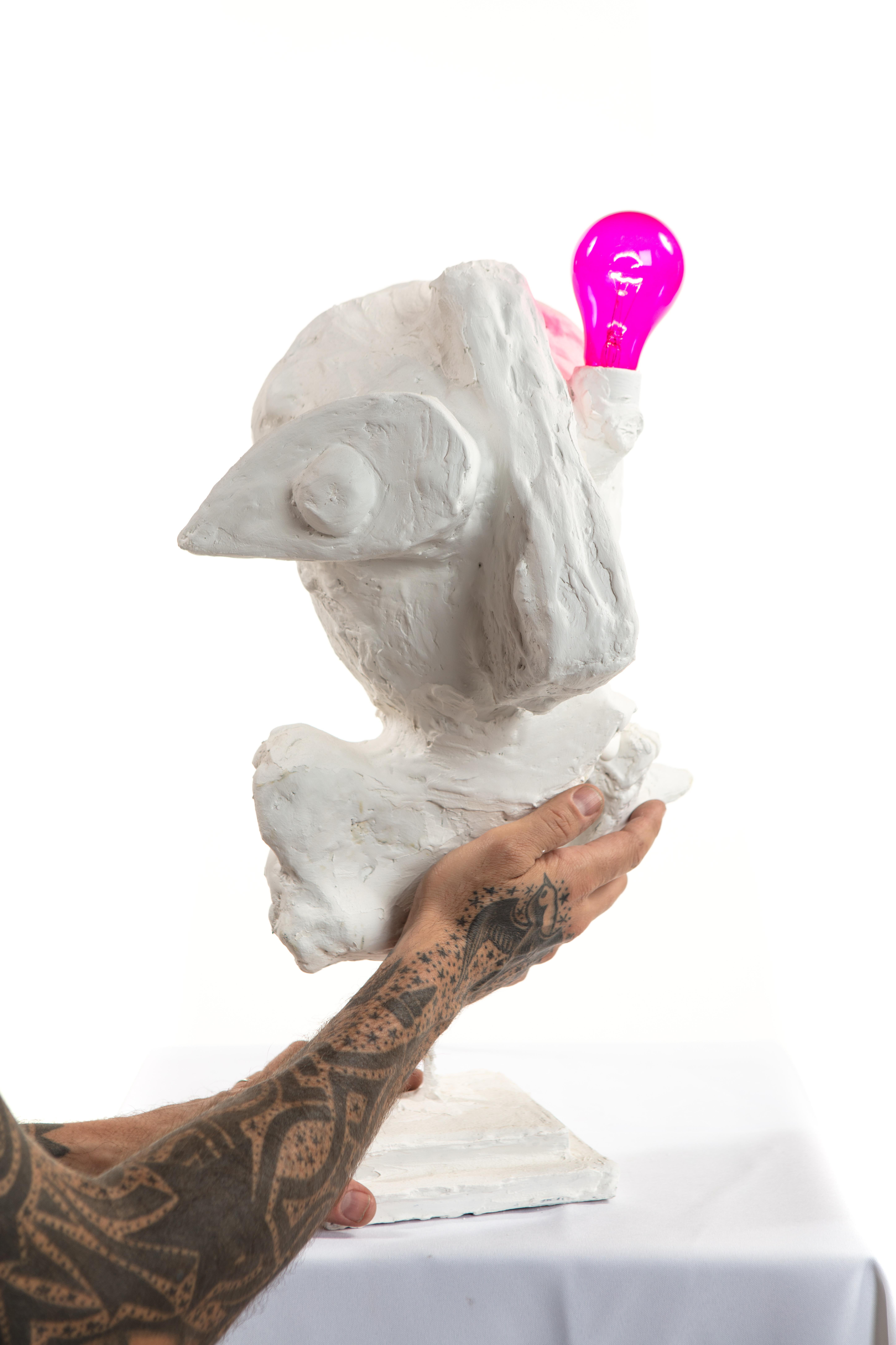 This is a new work by Mattia Biagi 
Sculptural plaster lamp created by a metal structure, plaster+ paper, and image collage on wood.