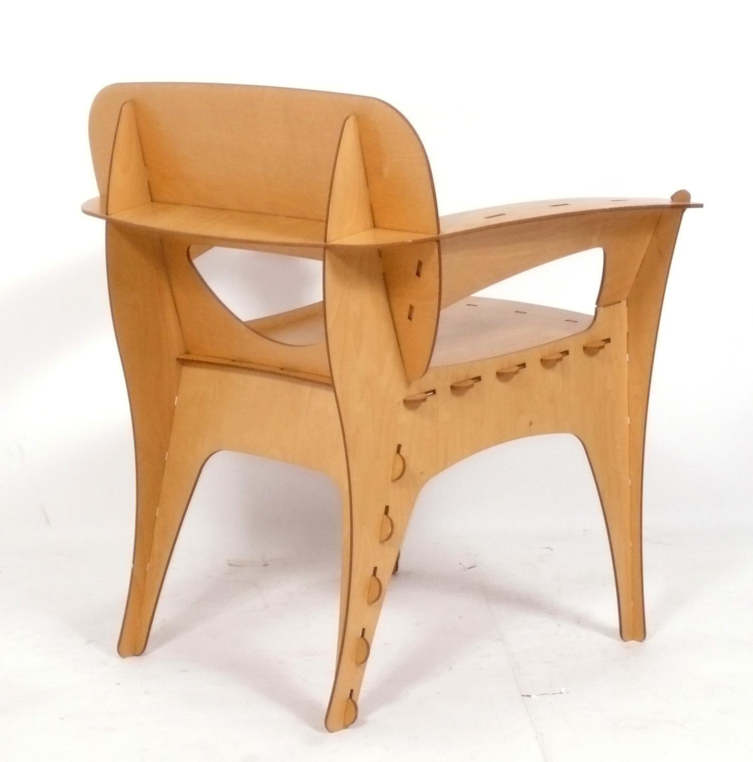 American Sculptural Plywood Puzzle Chair by David Kawecki Great Original Patina, 1990s For Sale