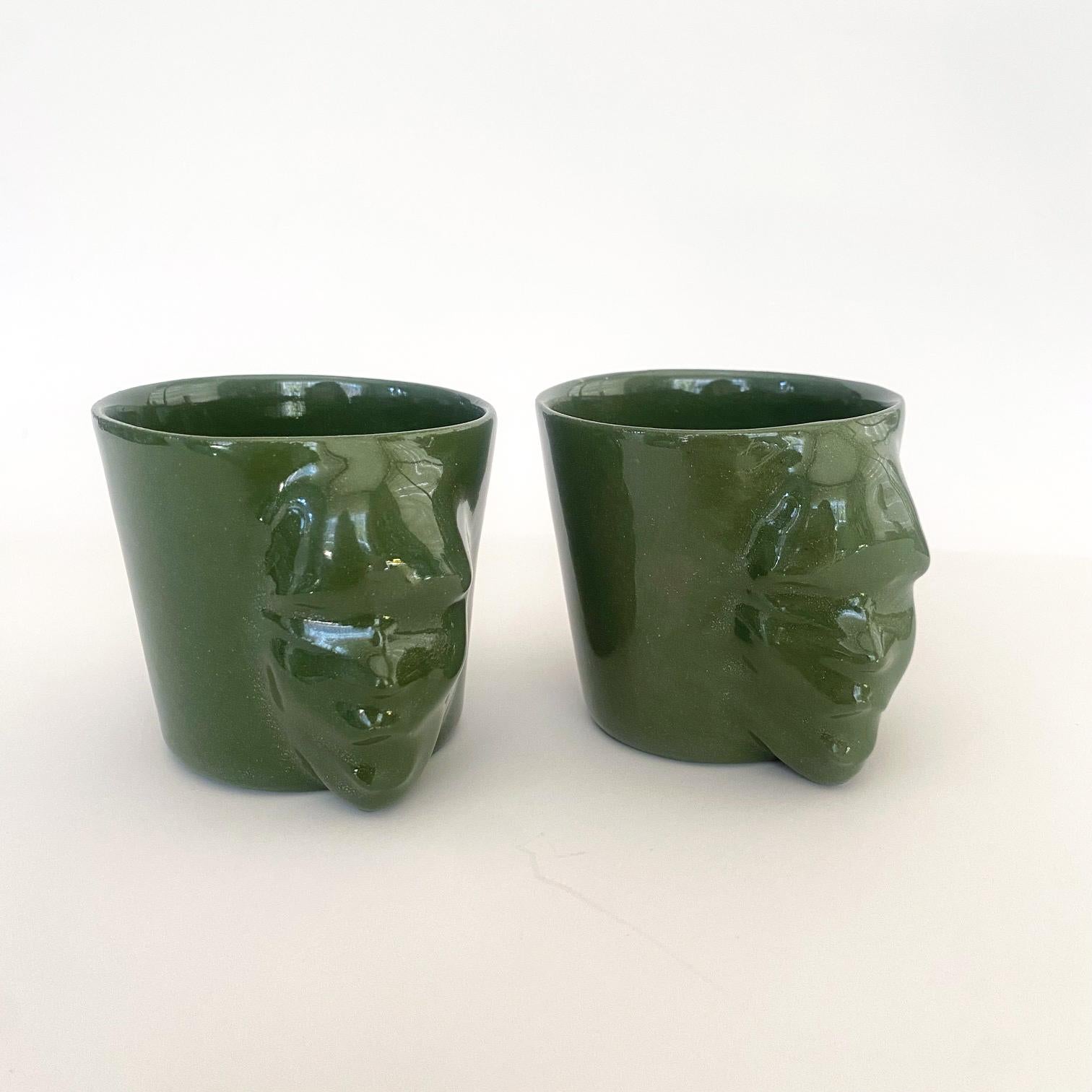 Modern Sculptural Porcelain Cups Set of 2 by Hulya Sozer, Face Silhouette, Olive Green For Sale