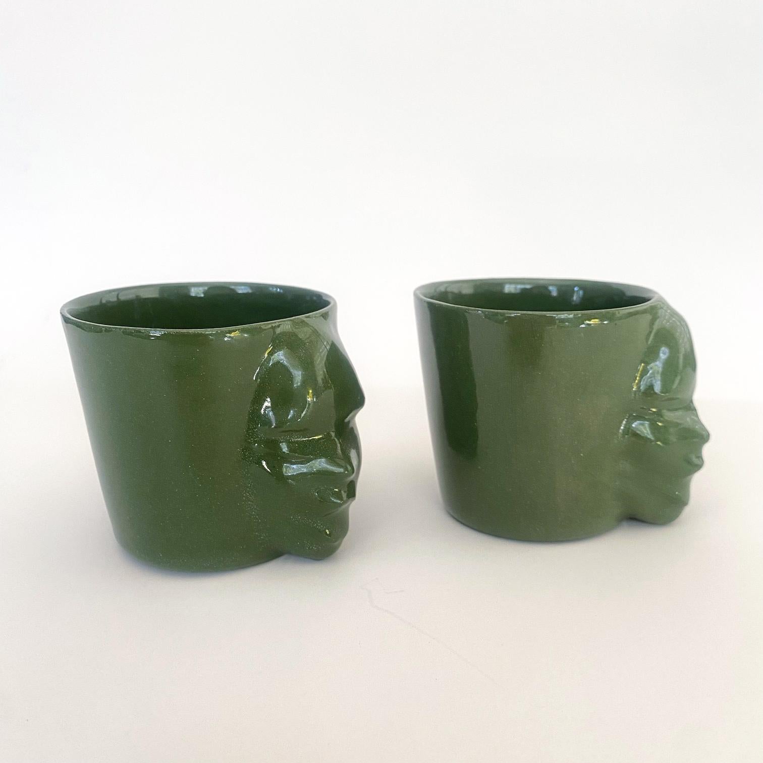 Turkish Sculptural Porcelain Cups Set of 2 by Hulya Sozer, Face Silhouette, Olive Green For Sale