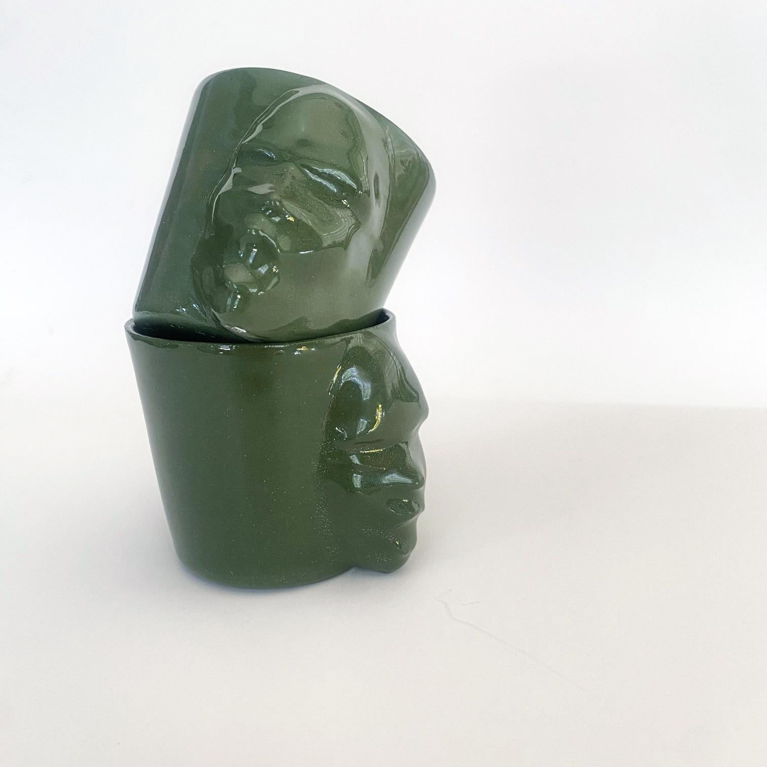 Vernissé Sculptural Porcelain Cups Set of 2 by Hulya Sozer, Face Silhouette, Olive Green en vente