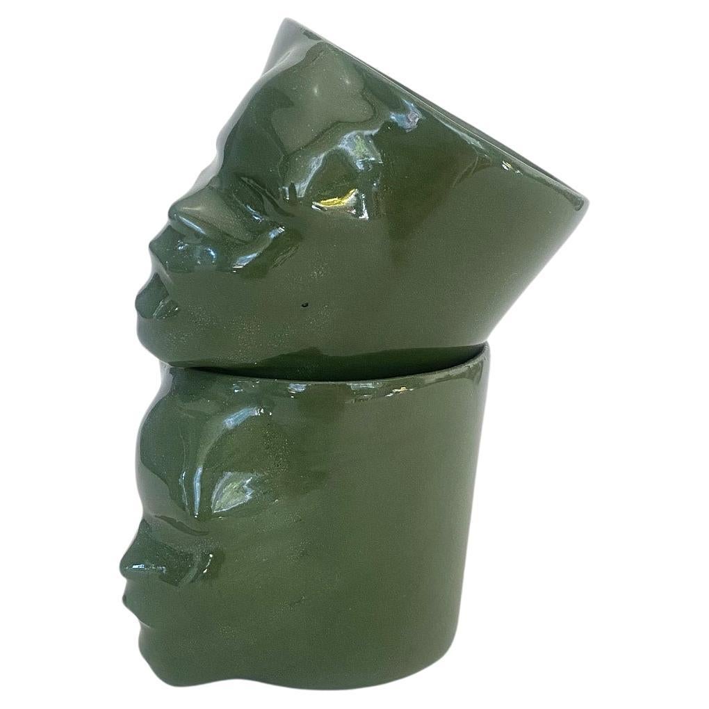 Sculptural Porcelain Cups Set of 2 by Hulya Sozer, Face Silhouette, Olive Green en vente