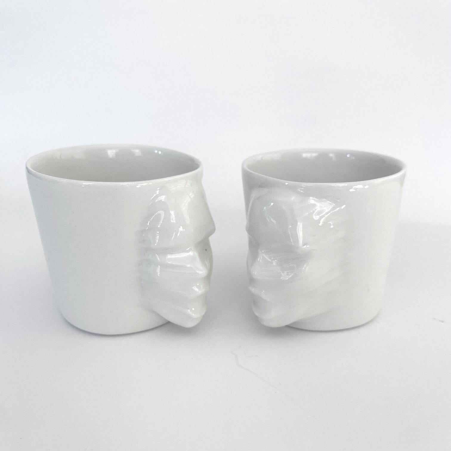 Modern Sculptural Porcelain Cups Set of 2 by Hulya Sozer, Face Silhouette, White For Sale