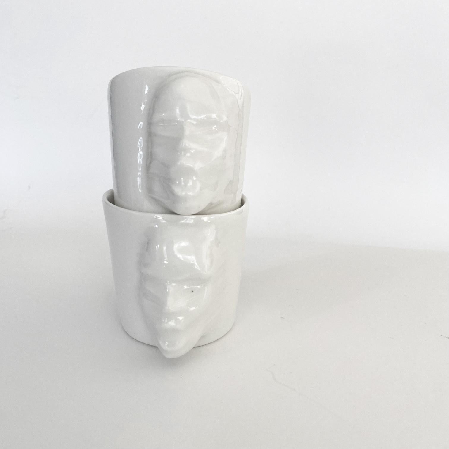 Turkish Sculptural Porcelain Cups Set of 2 by Hulya Sozer, Face Silhouette, White For Sale