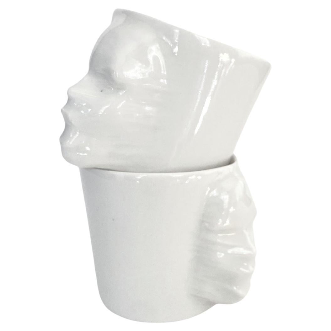 Sculptural Porcelain Cups Set of 2 by Hulya Sozer, Face Silhouette, White For Sale