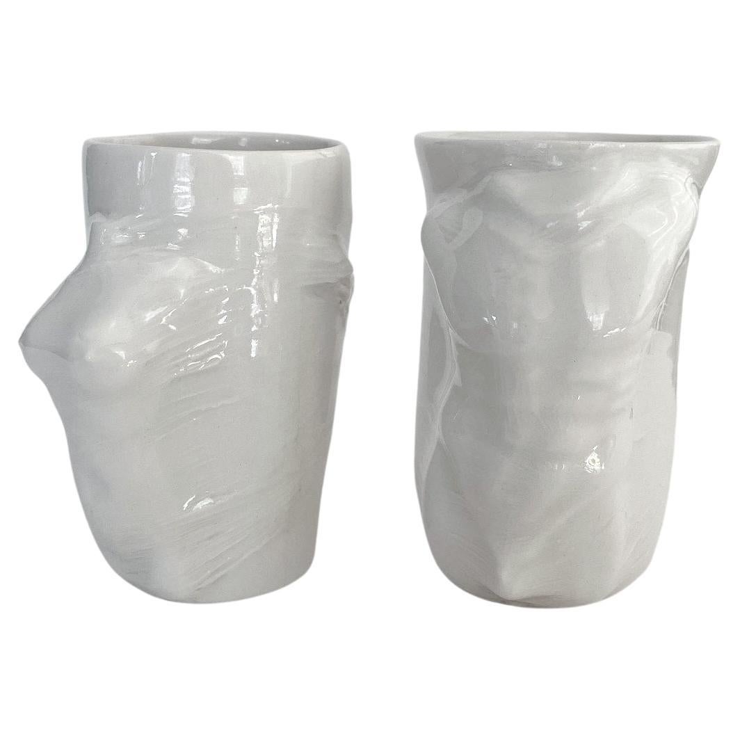 Sculptural Porcelain Cups Set of 2 by Hulya Sozer, Male and Female Body, White For Sale