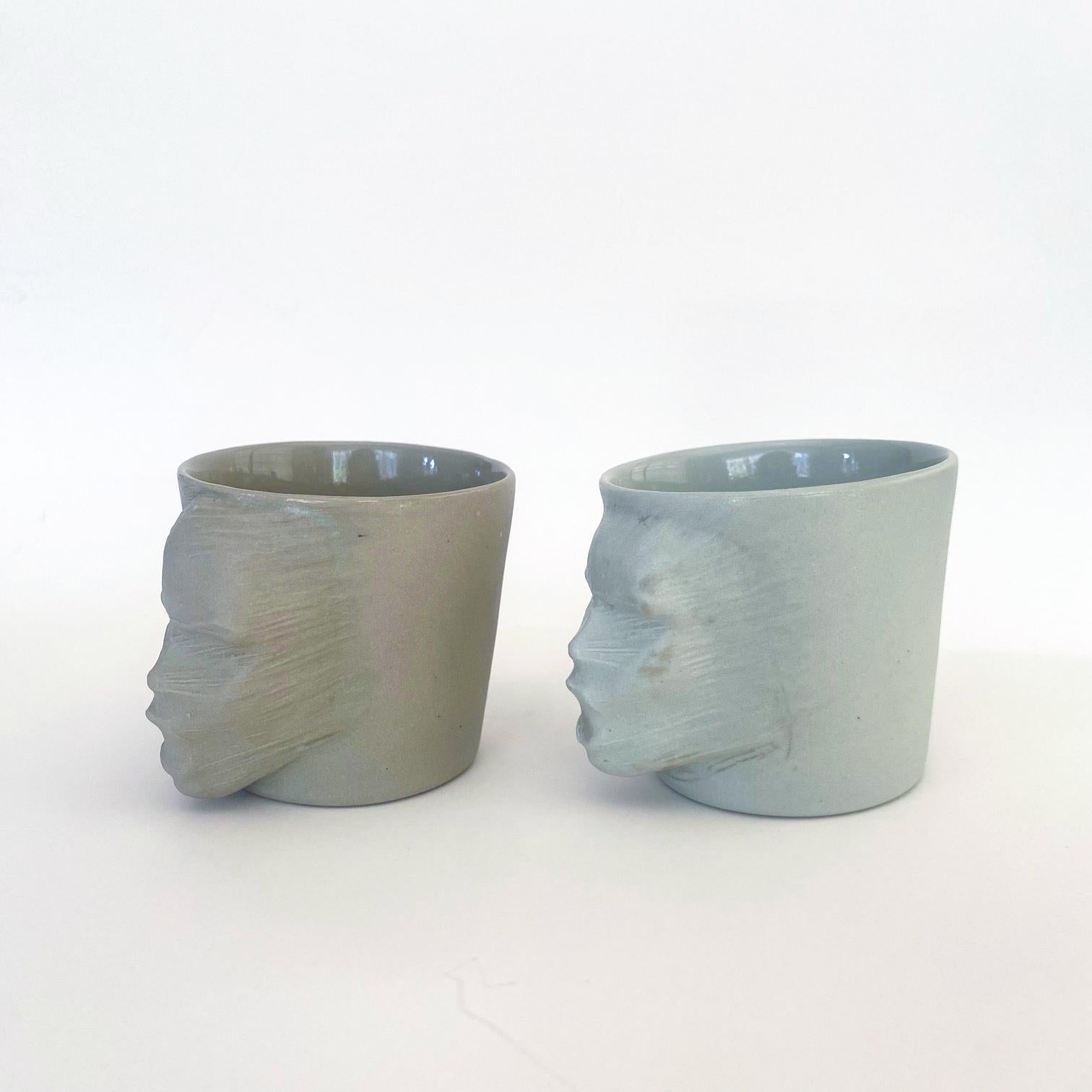 Modern Sculptural Porcelain Cups Set of 2 by Hulya Sozer, Silhouette, Mink and Ice Blue For Sale