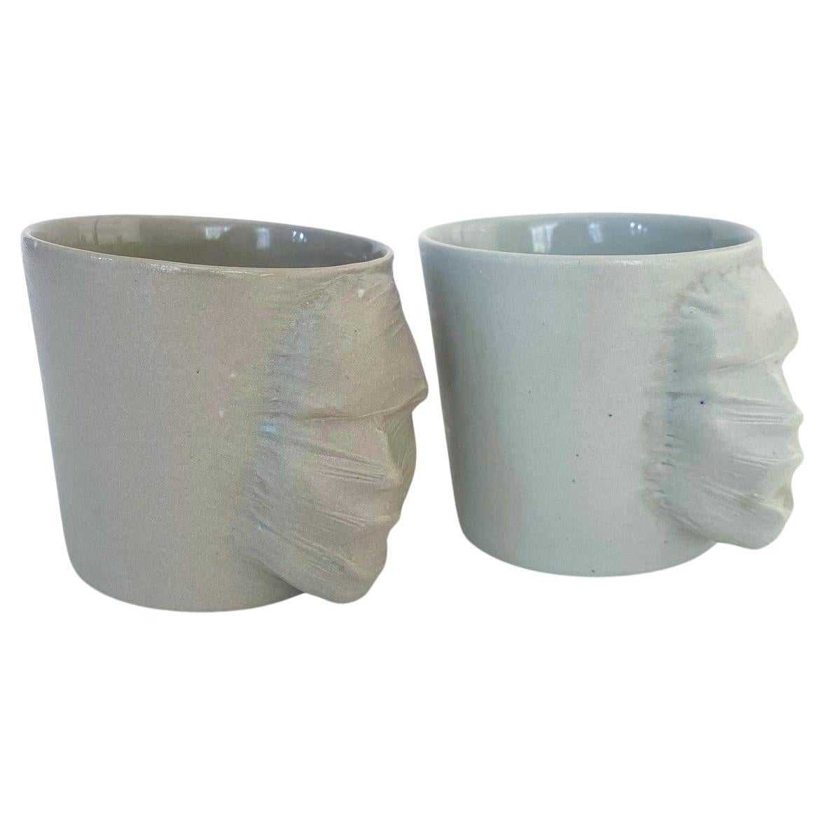 Sculptural Porcelain Cups Set of 2 by Hulya Sozer, Silhouette, Mink and Ice Blue For Sale