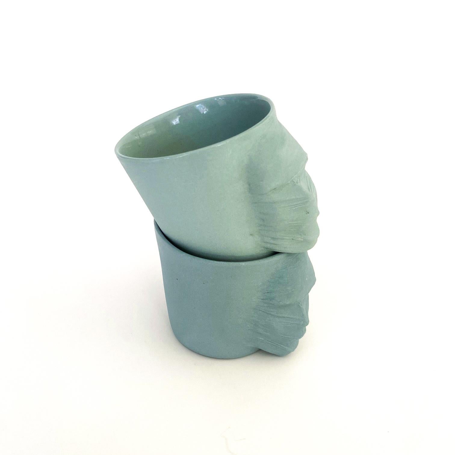 Glazed Sculptural Porcelain Cups Set of 2 by Hulya Sozer, Silhouette, Turquoise Shades For Sale