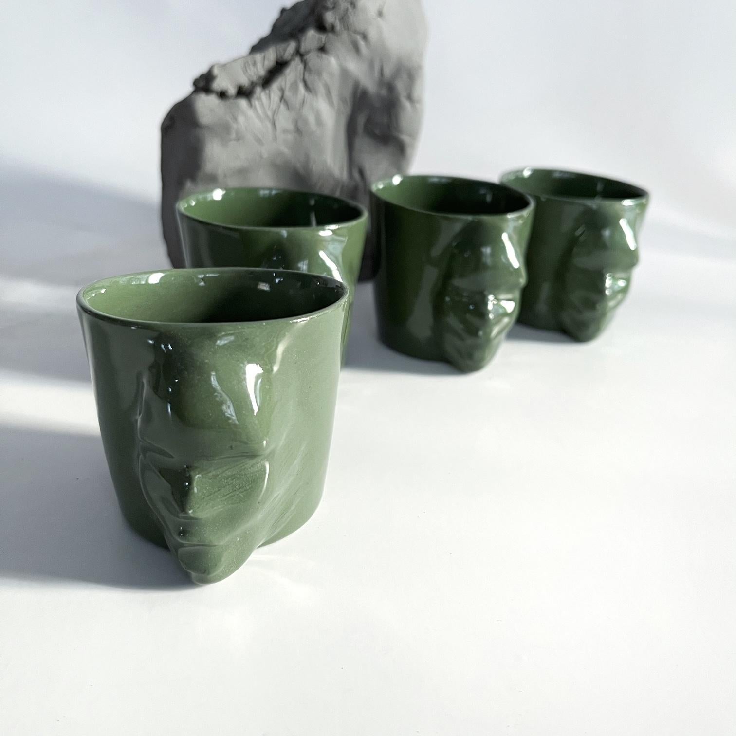 Modern Sculptural Porcelain Cups Set of 4 by Hulya Sozer, Face Silhouette, Olive Green For Sale