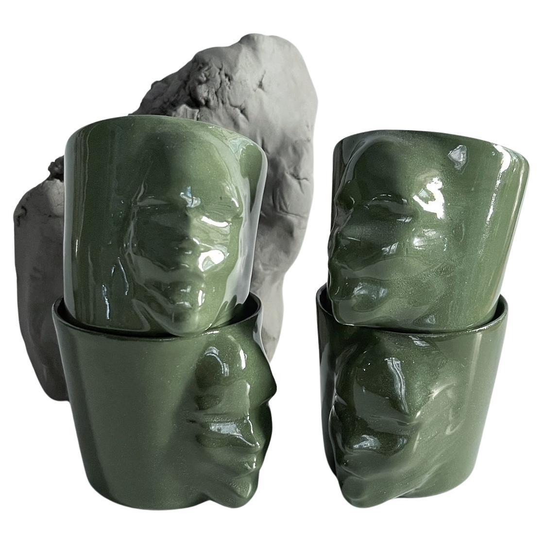 Sculptural Porcelain Cups Set of 4 by Hulya Sozer, Face Silhouette, Olive Green For Sale