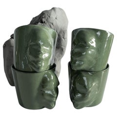 Sculptural Porcelain Cups Set of 4 by Hulya Sozer, Face Silhouette, Olive Green