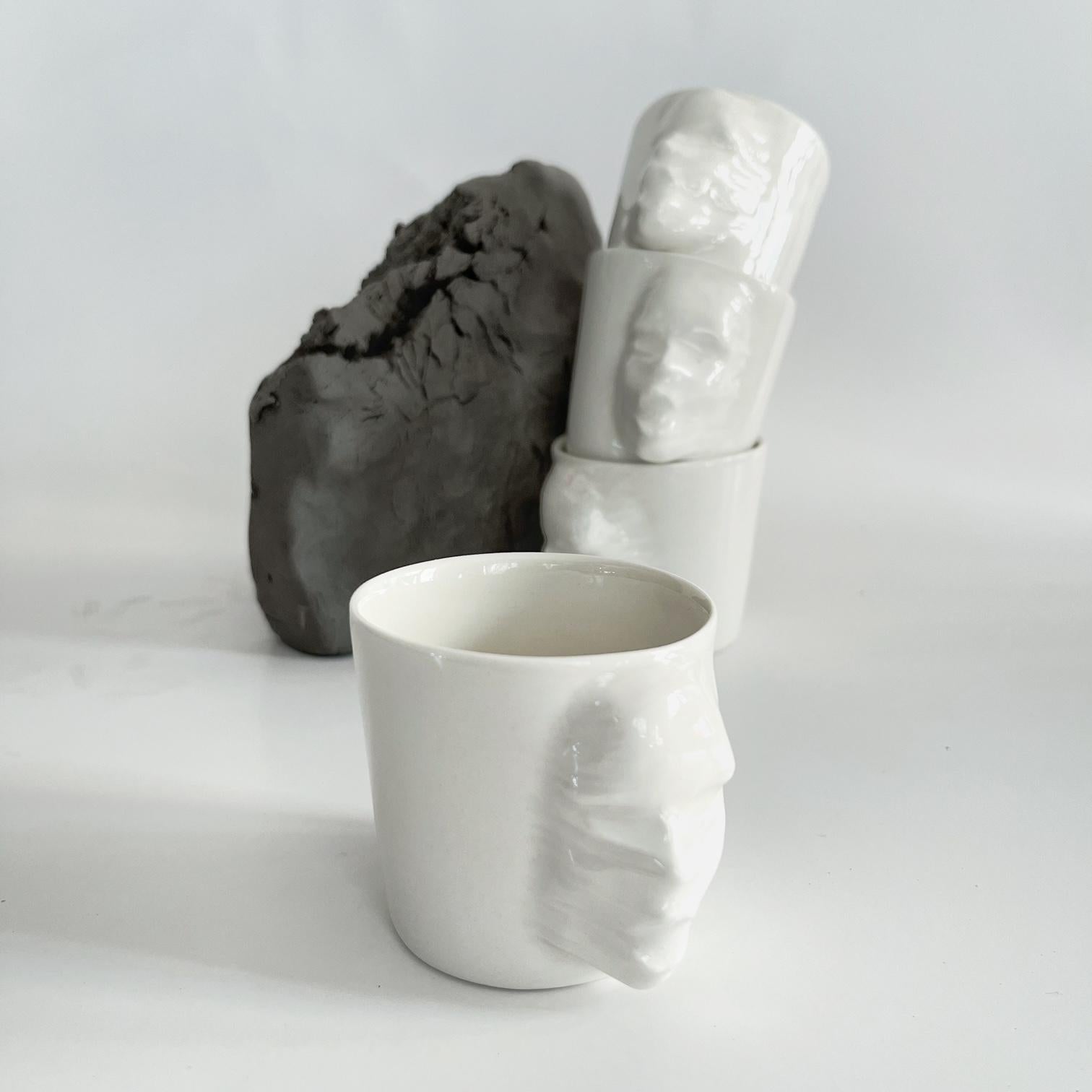 Modern Sculptural Porcelain Cups Set of 4 by Hulya Sozer, Face Silhouette, White For Sale