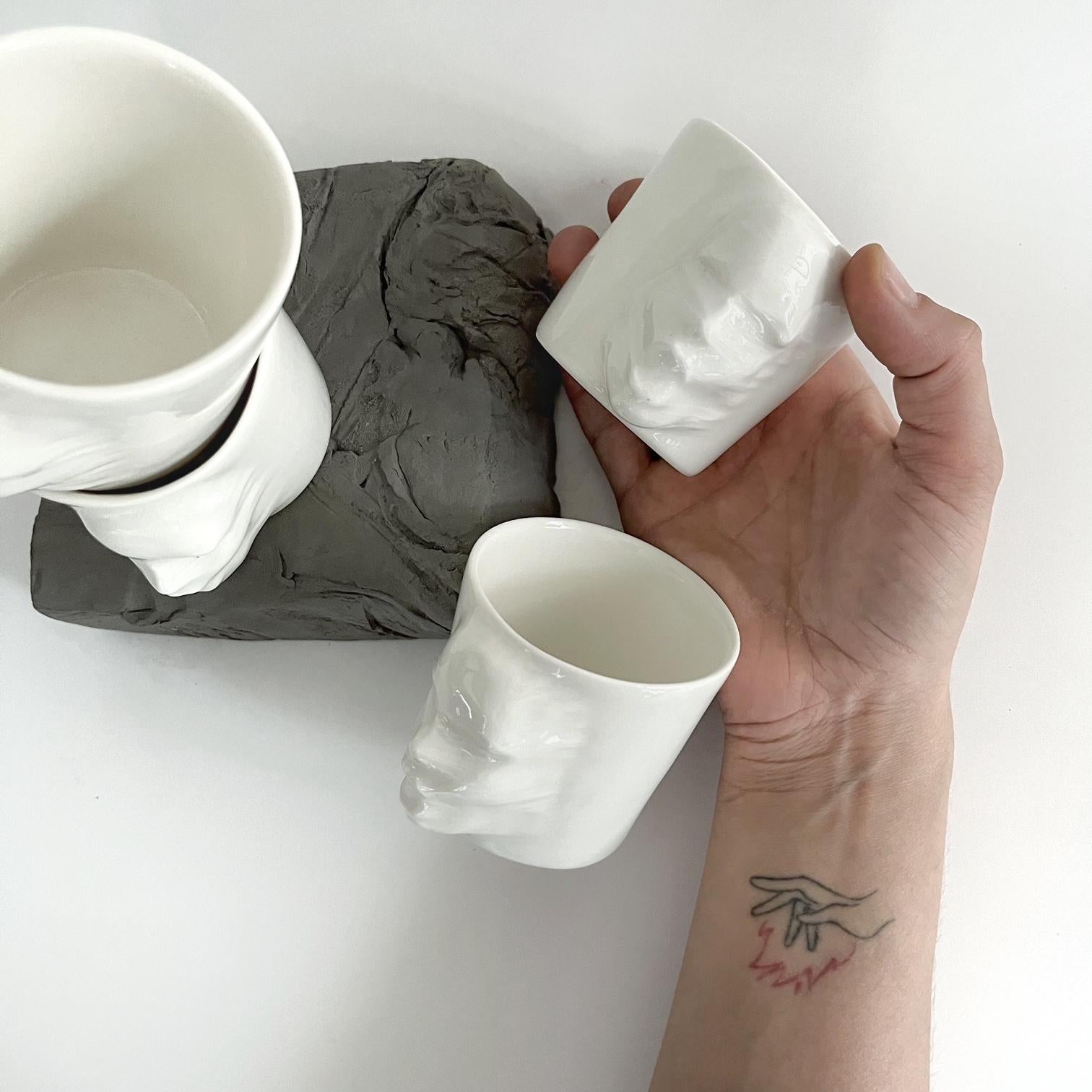 Turkish Sculptural Porcelain Cups Set of 4 by Hulya Sozer, Face Silhouette, White For Sale