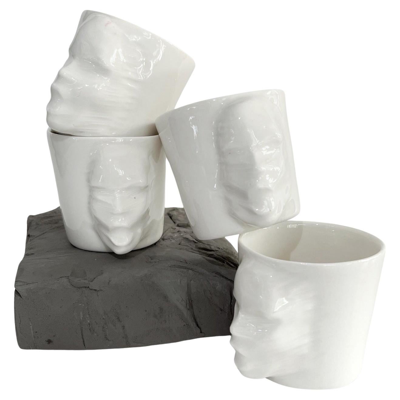 Sculptural Porcelain Cups Set of 4 by Hulya Sozer, Face Silhouette, White For Sale