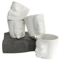 Sculptural Porcelain Cups Set of 4 by Hulya Sozer, Face Silhouette, White