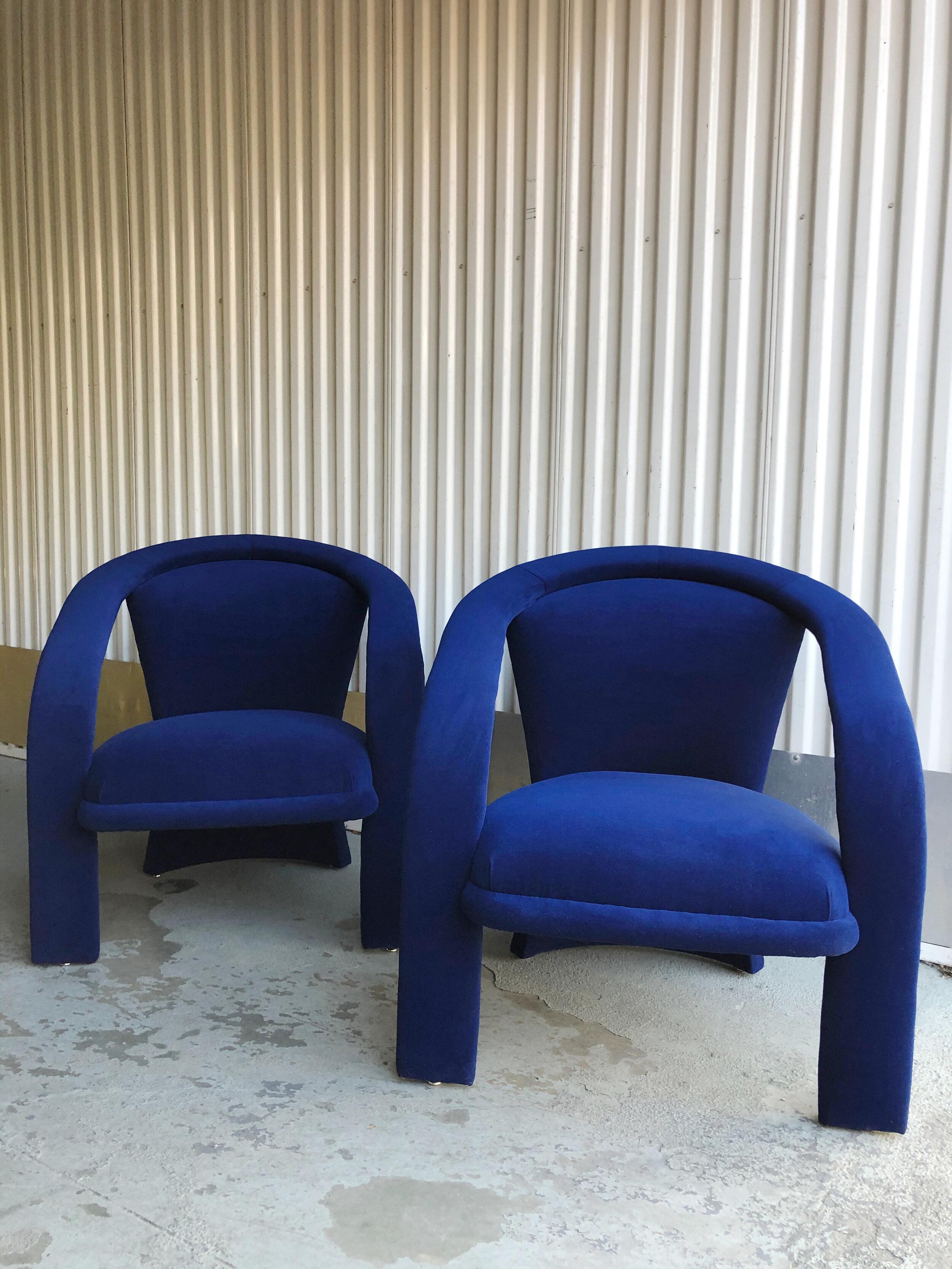 Sculptural Post Modern Armchairs After Marge Carson in New Cotton Indigo Velvet 5