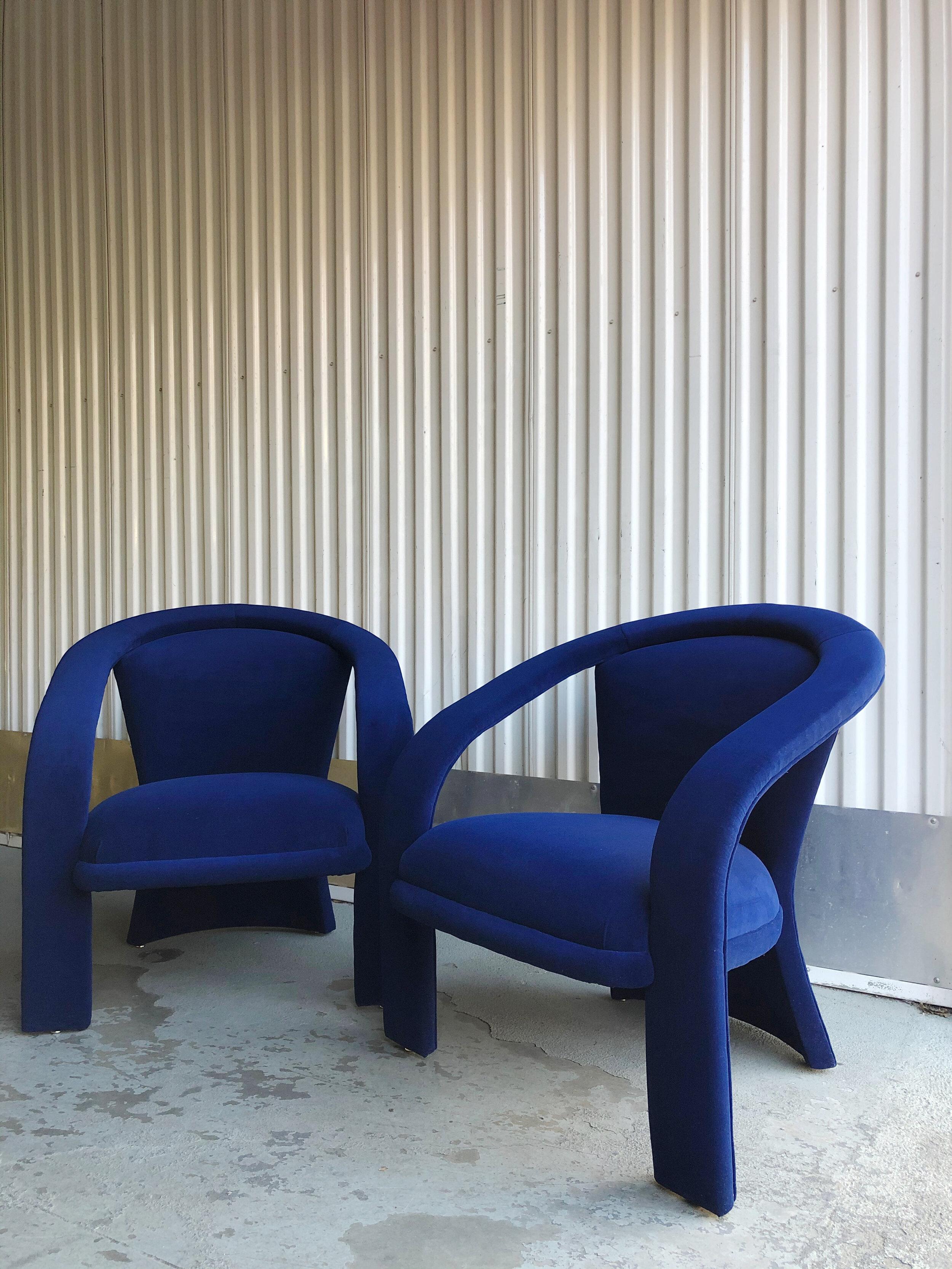 Post-Modern Sculptural Post Modern Armchairs After Marge Carson in New Cotton Indigo Velvet