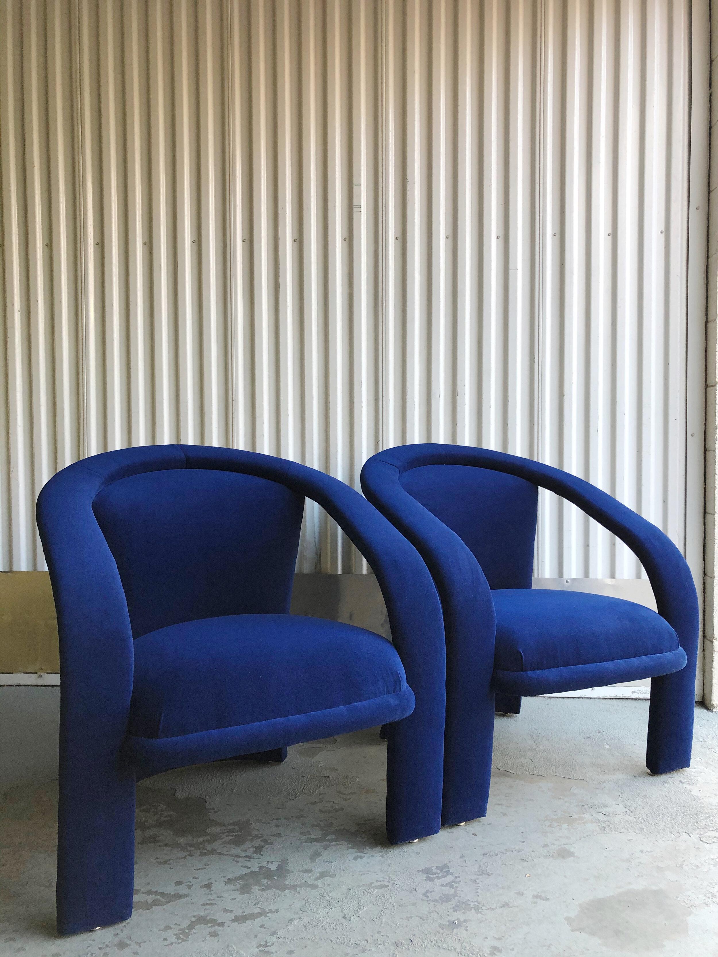 North American Sculptural Post Modern Armchairs After Marge Carson in New Cotton Indigo Velvet