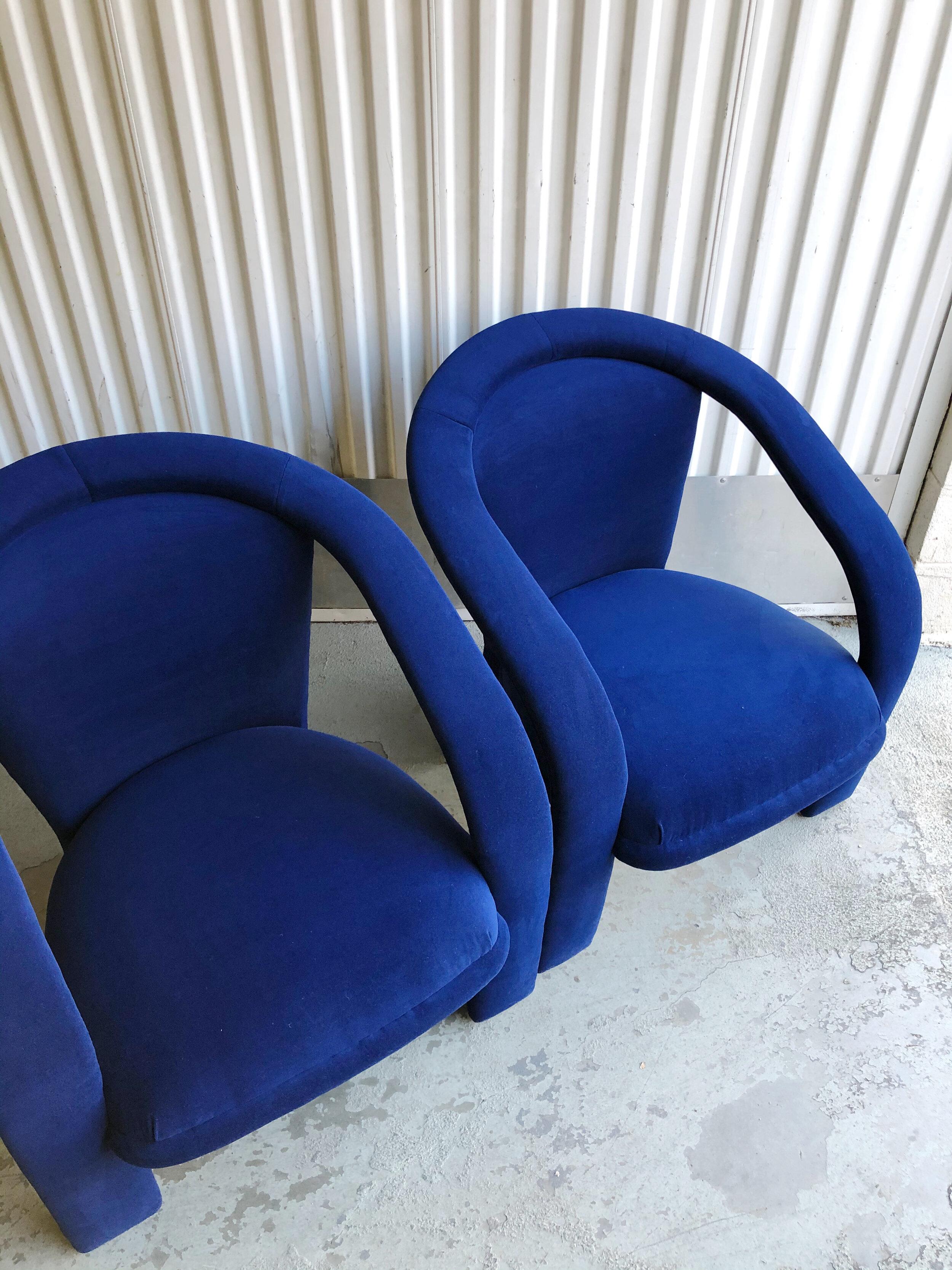 20th Century Sculptural Post Modern Armchairs After Marge Carson in New Cotton Indigo Velvet