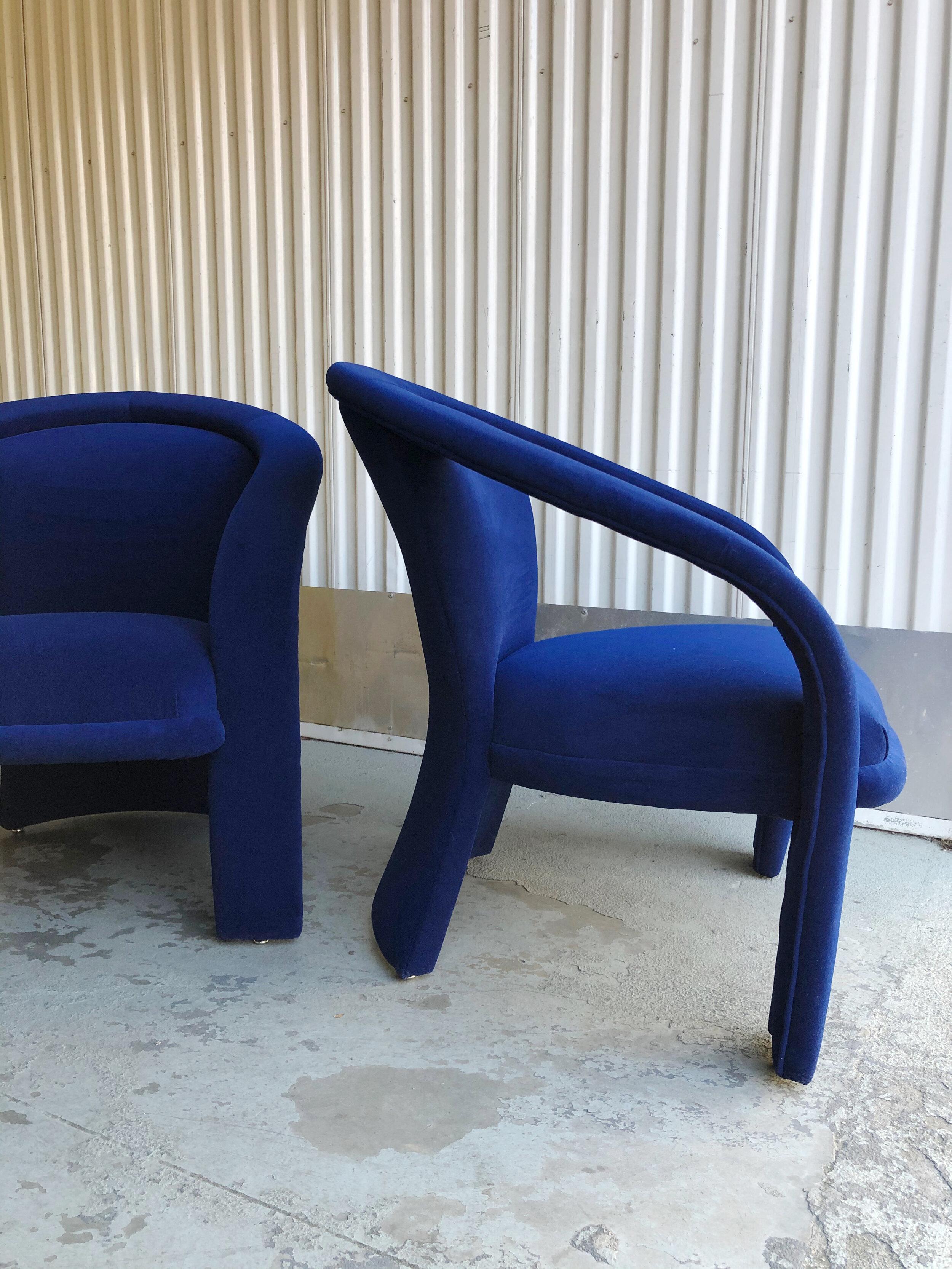 Sculptural Post Modern Armchairs After Marge Carson in New Cotton Indigo Velvet 1