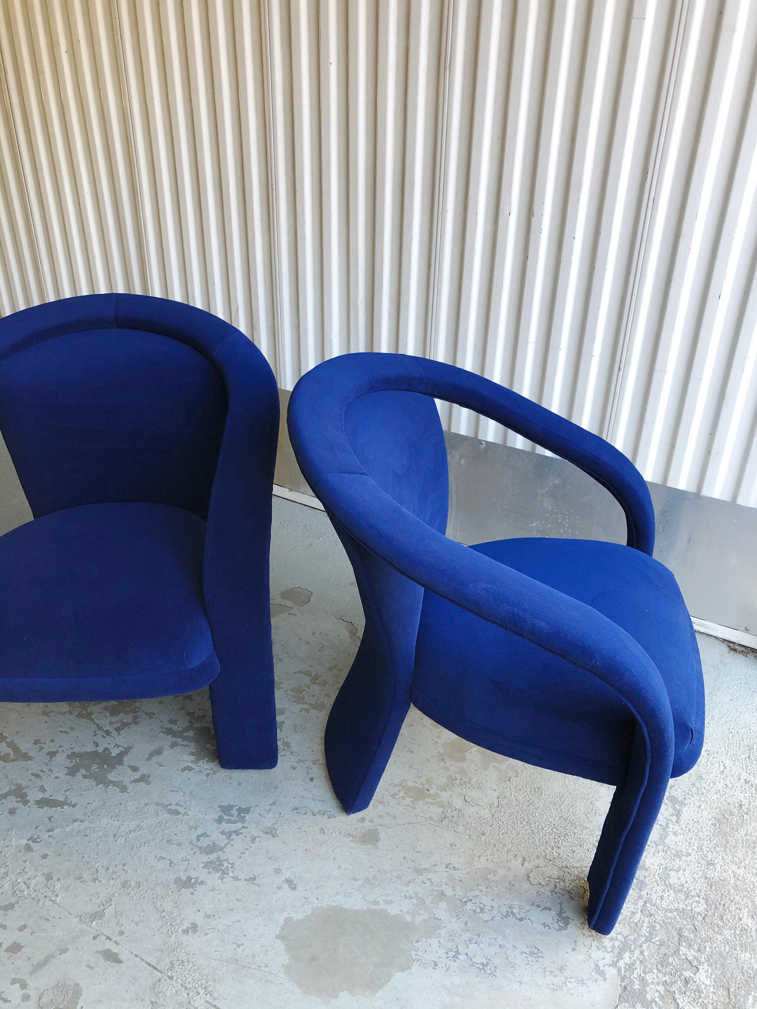 Sculptural Post Modern Armchairs After Marge Carson in New Cotton Indigo Velvet 2