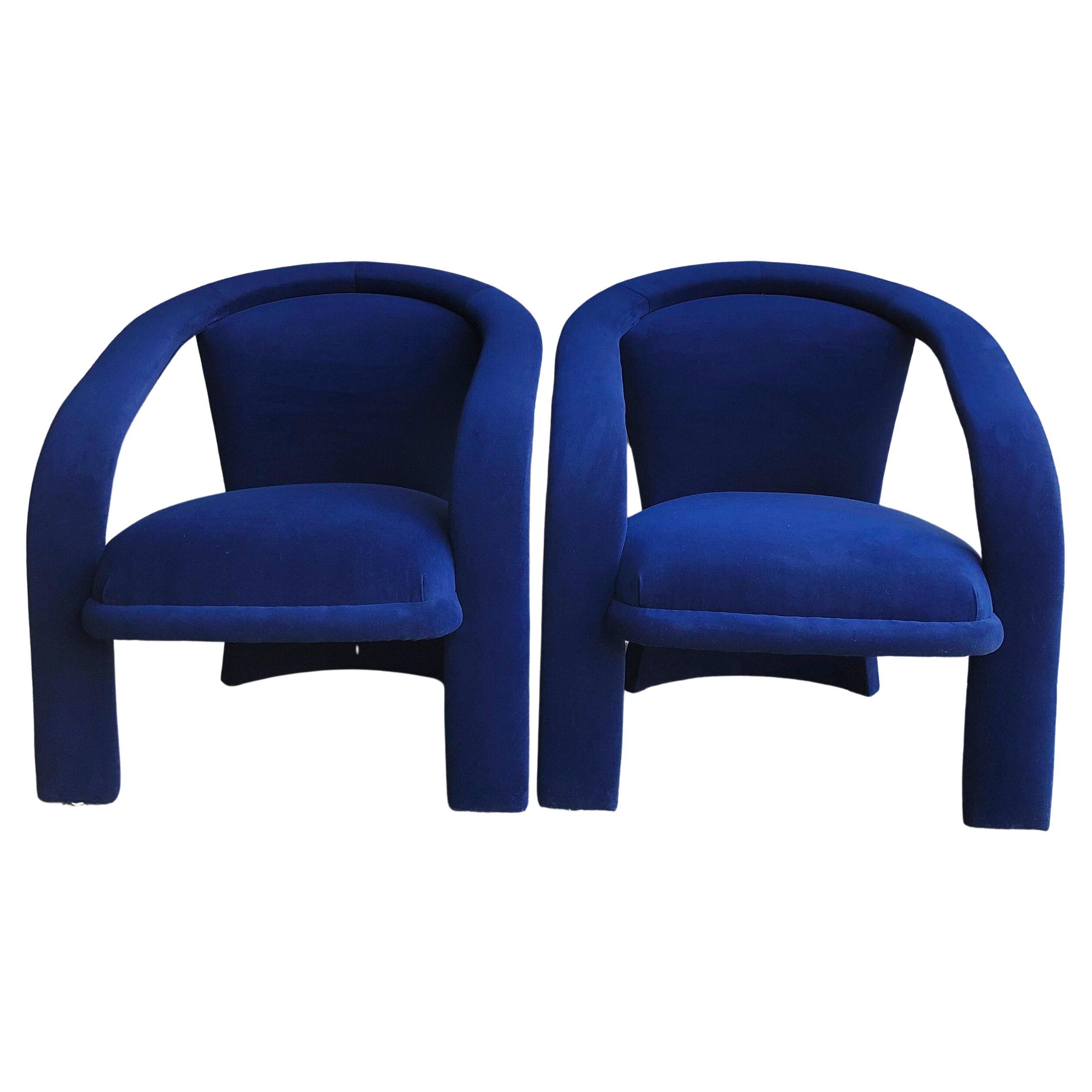 Sculptural Post Modern Armchairs After Marge Carson in New Cotton Indigo Velvet