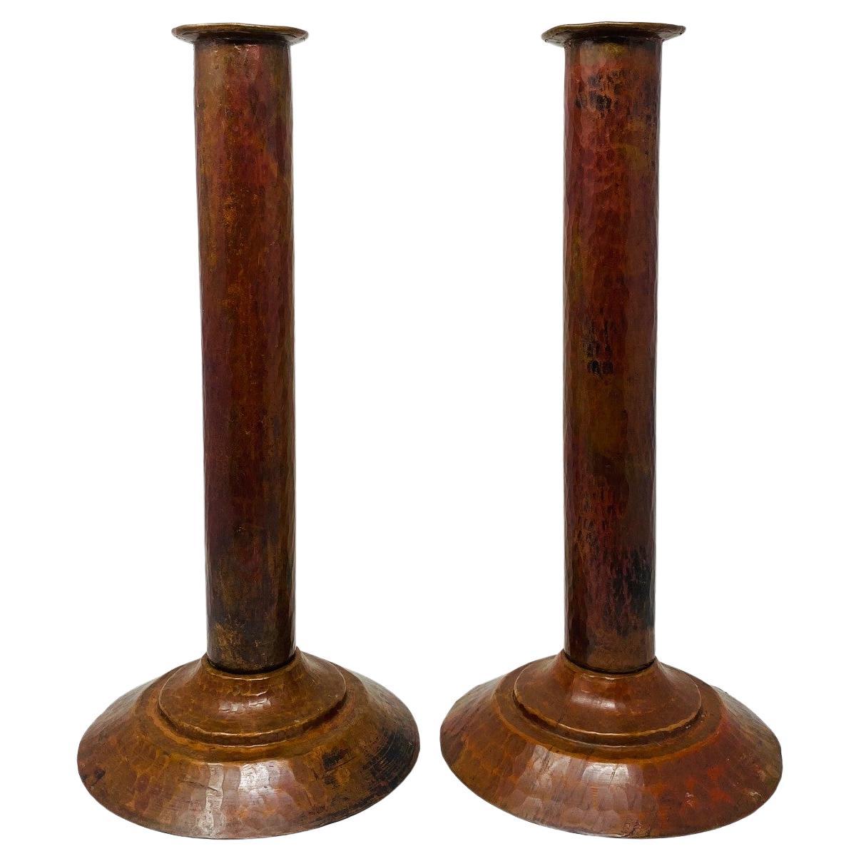 Sculptural Post Modern Hammered Copper Candleholders (Pair) For Sale