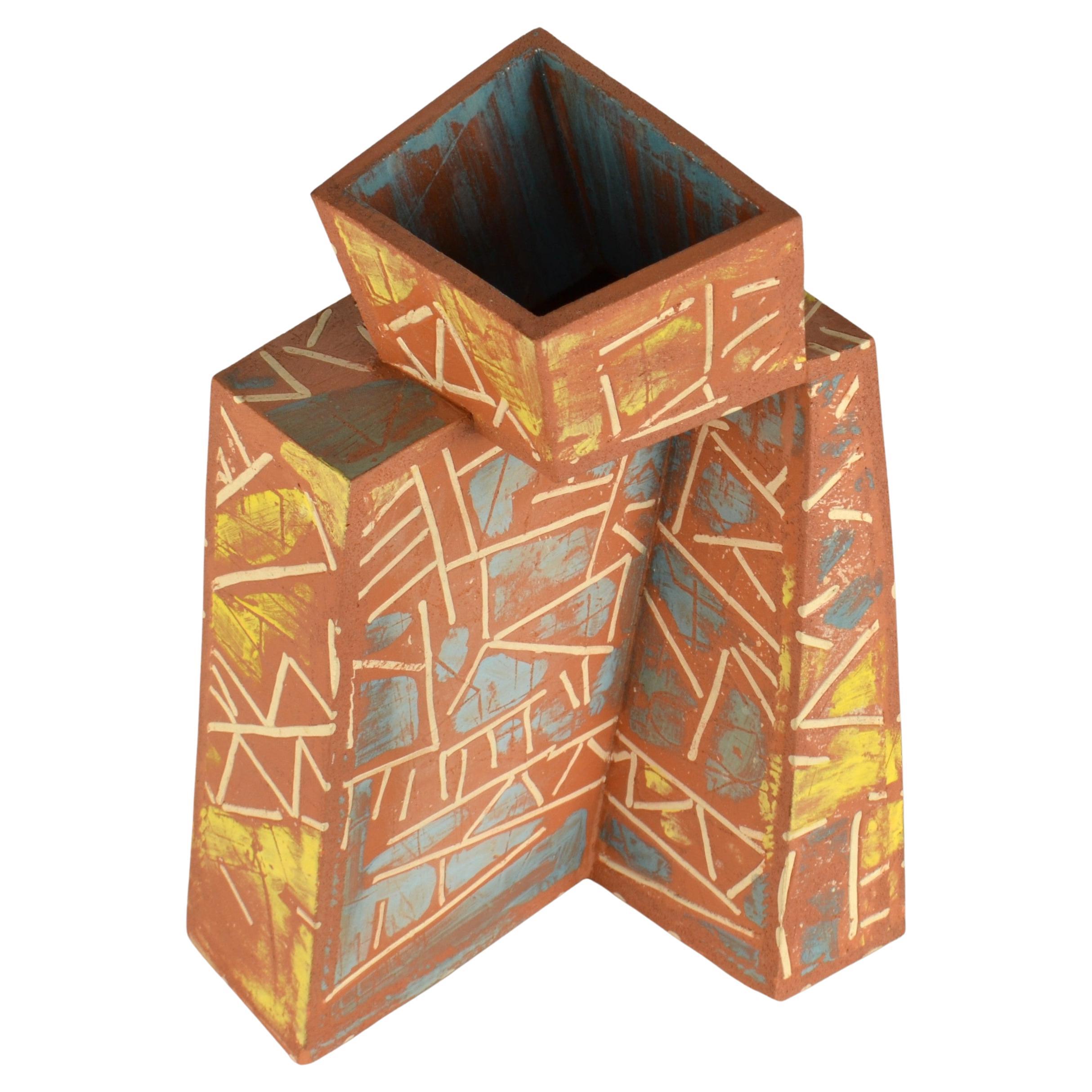 Sculptural Post Modern Terracotta Art Vase Decorated