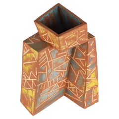 Sculptural Post Modern Terracotta Art Vase Decorated