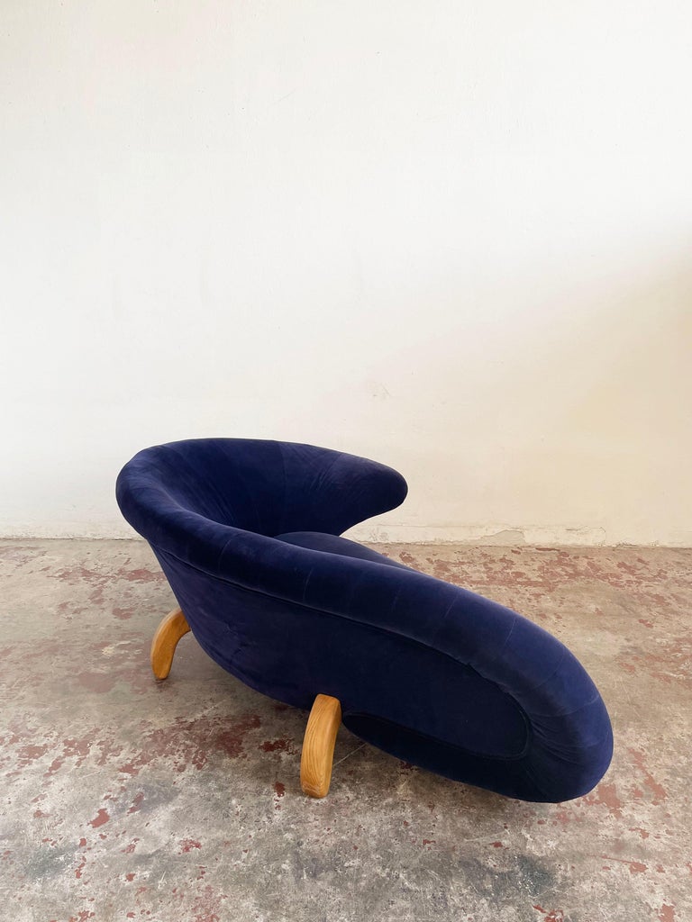 Sculptural Postmodern Blue Velvet Sofa Love Seat, Curved Asymmetrical