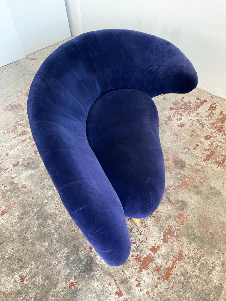 Sculptural Postmodern Blue Velvet Sofa Love Seat, Curved Asymmetrical