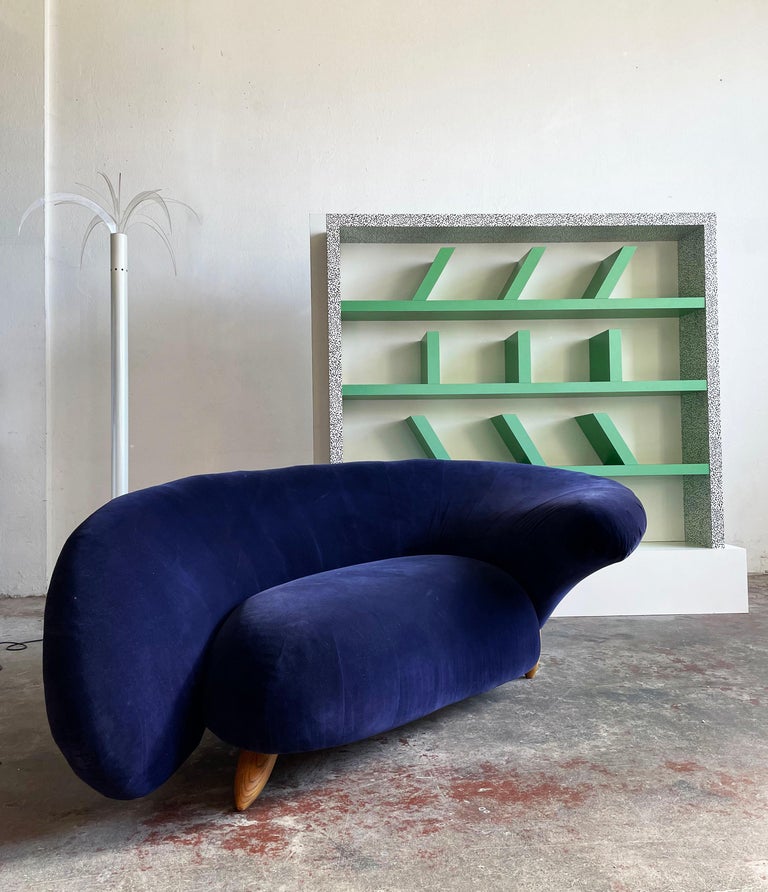 Sculptural Postmodern Blue Velvet Sofa Love Seat, Curved Asymmetrical