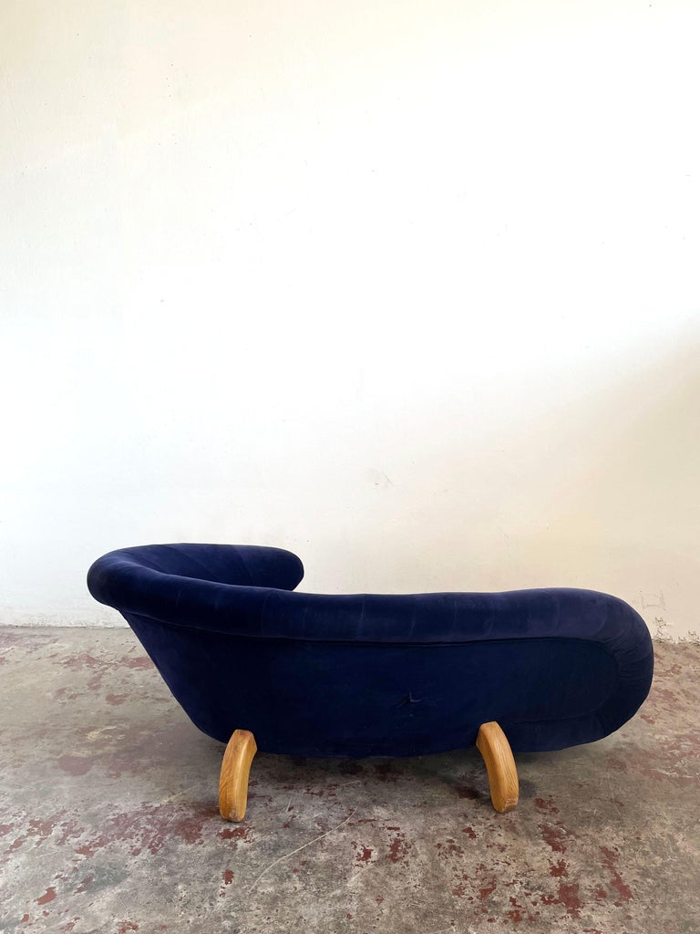 Sculptural Postmodern Blue Velvet Sofa Love Seat, Curved Asymmetrical