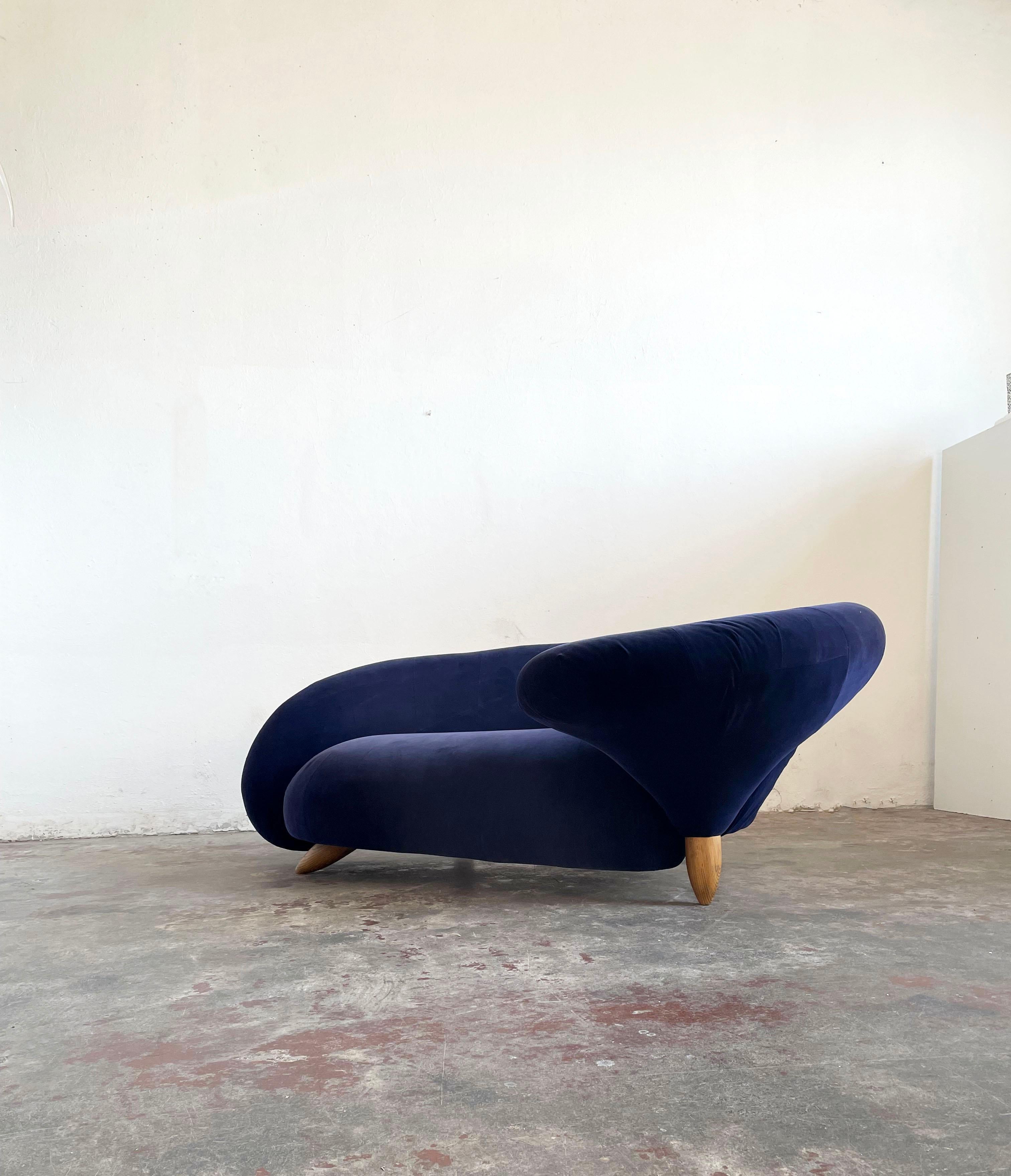 European Sculptural Postmodern Blue Velvet Sofa Love Seat, Curved Asymmetrical Form  For Sale