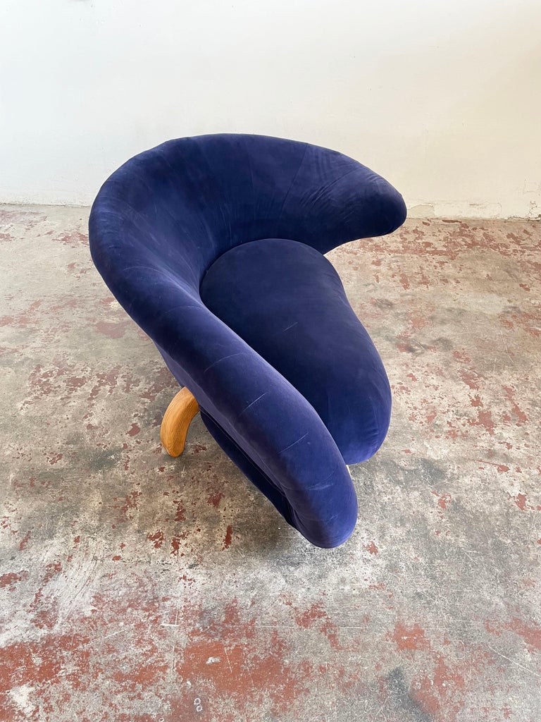 Sculptural Postmodern Blue Velvet Sofa Love Seat, Curved Asymmetrical