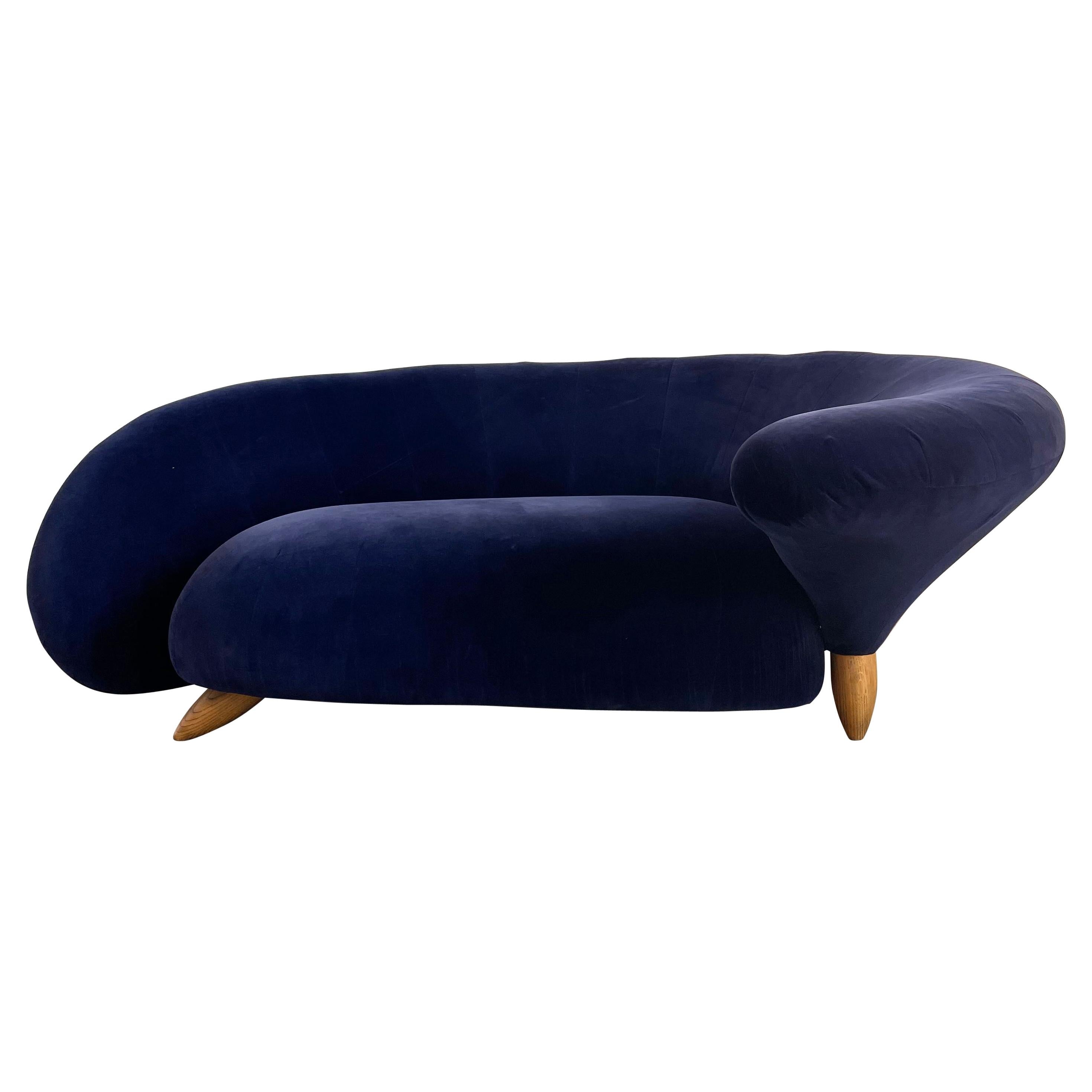 Sculptural Postmodern Blue Velvet Sofa Love Seat, Curved Asymmetrical Form  For Sale
