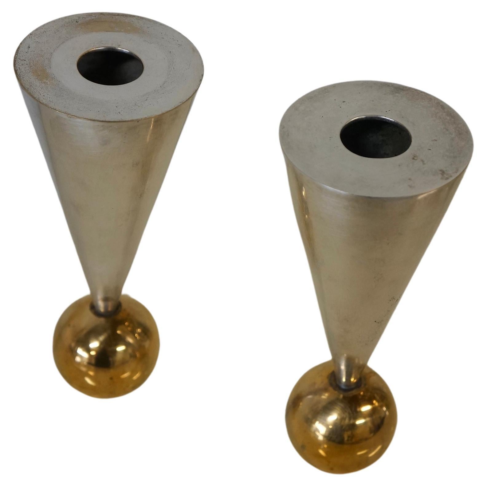 Post-Modern Sculptural Postmodern Geometric Silver and Brass Plated Candle Holders  For Sale