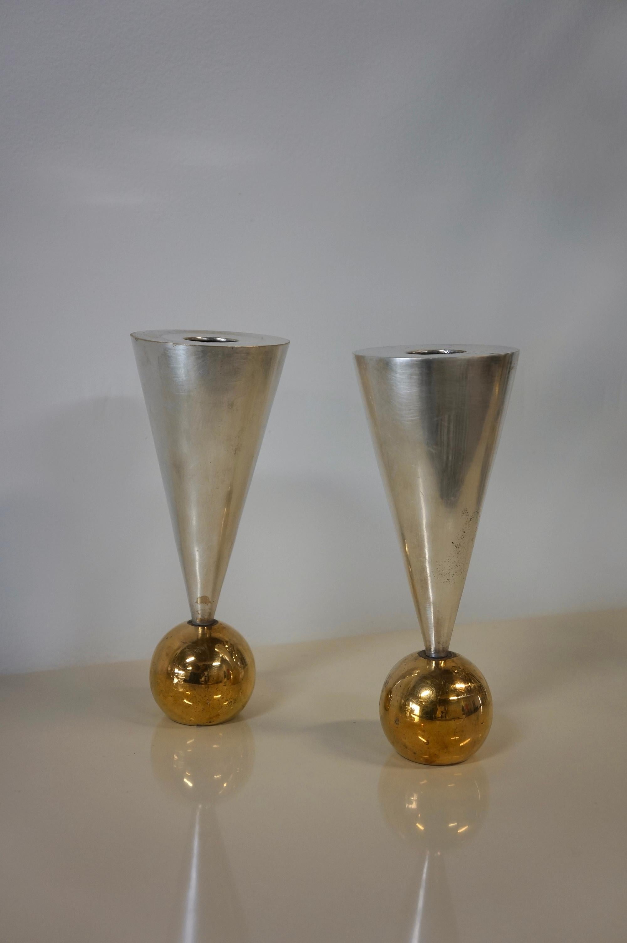 Unknown Sculptural Postmodern Geometric Silver and Brass Plated Candle Holders  For Sale