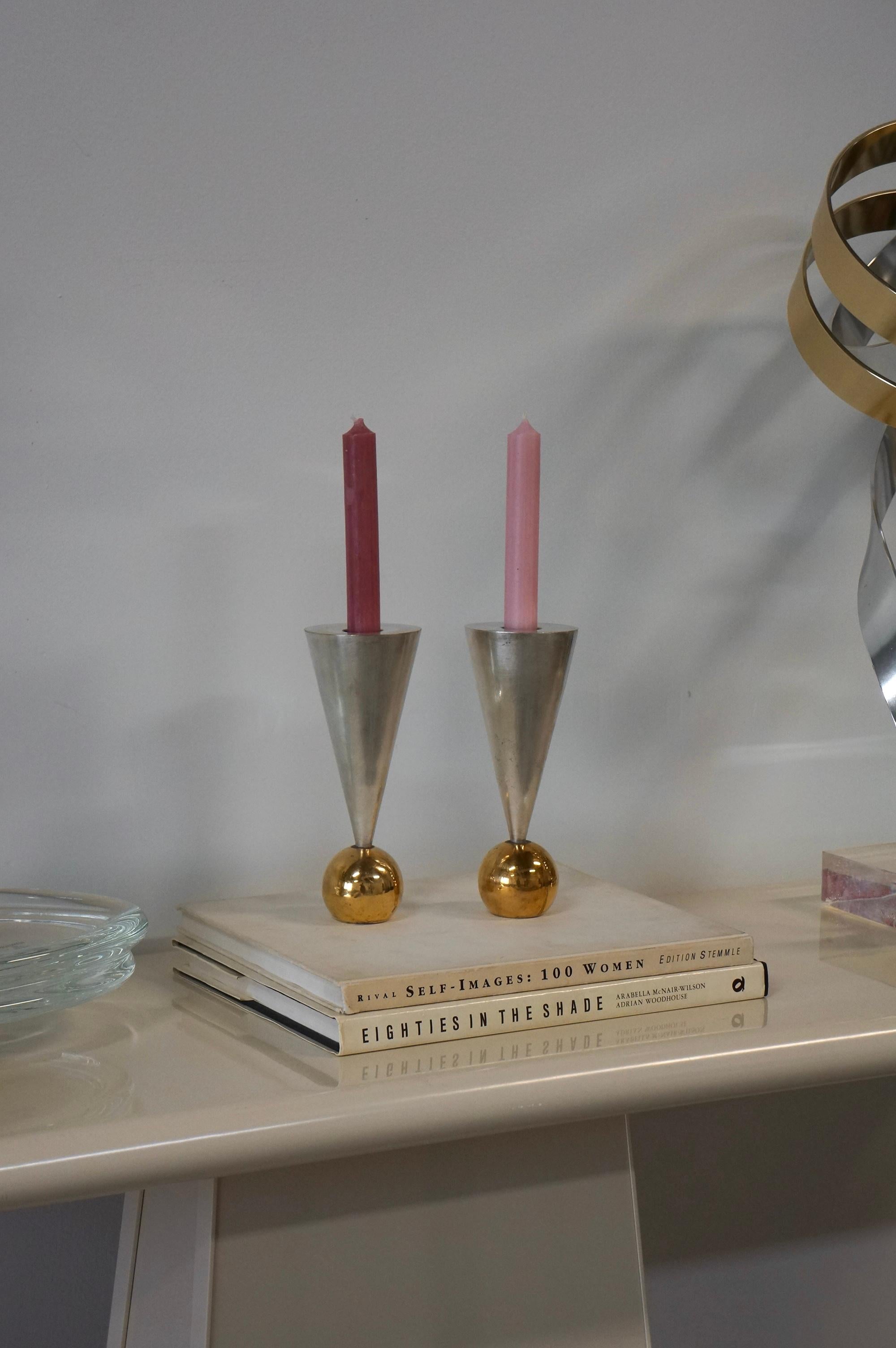 Sculptural Postmodern Geometric Silver and Brass Plated Candle Holders  For Sale 1
