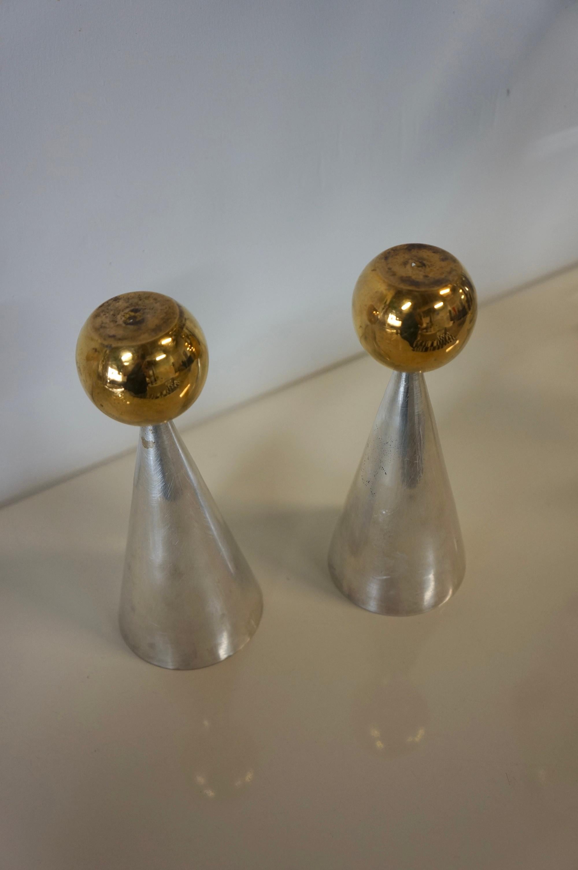 Sculptural Postmodern Geometric Silver and Brass Plated Candle Holders  For Sale 2