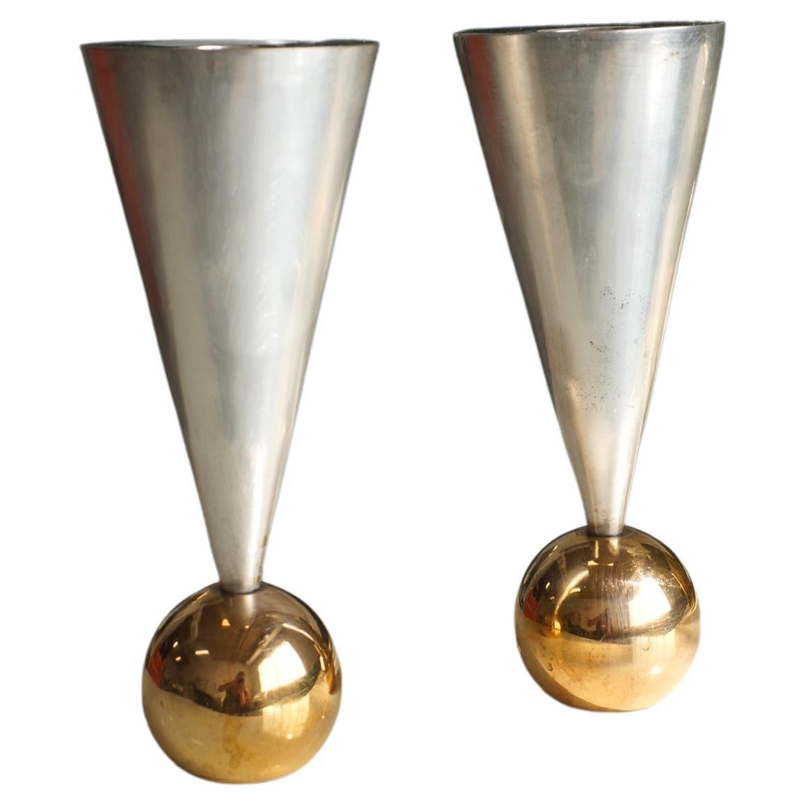 Sculptural Postmodern Geometric Silver and Brass Plated Candle Holders 