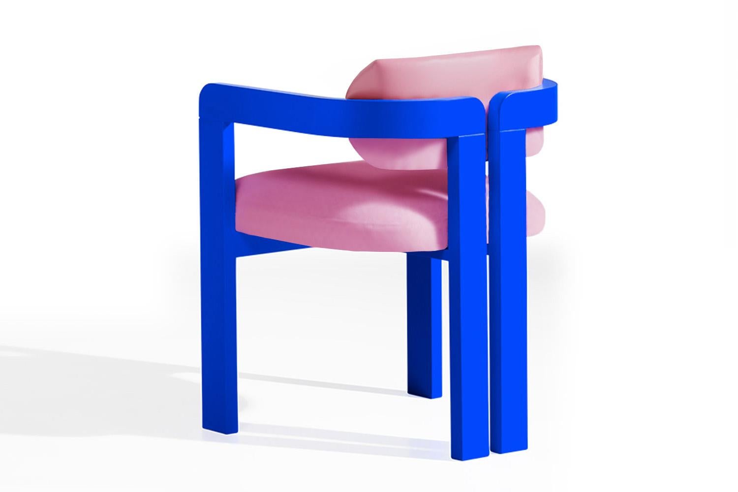 Silla de Comedor Postmoderna Vértigo de Terciopelo Rosa y Patas Azules Posmoderno en venta