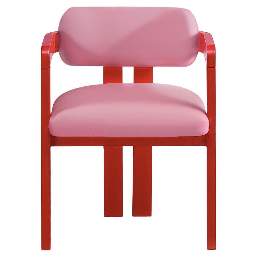 Sedia da pranzo scultorea postmoderna in velluto rosa con gambe rosse Vértigo in vendita